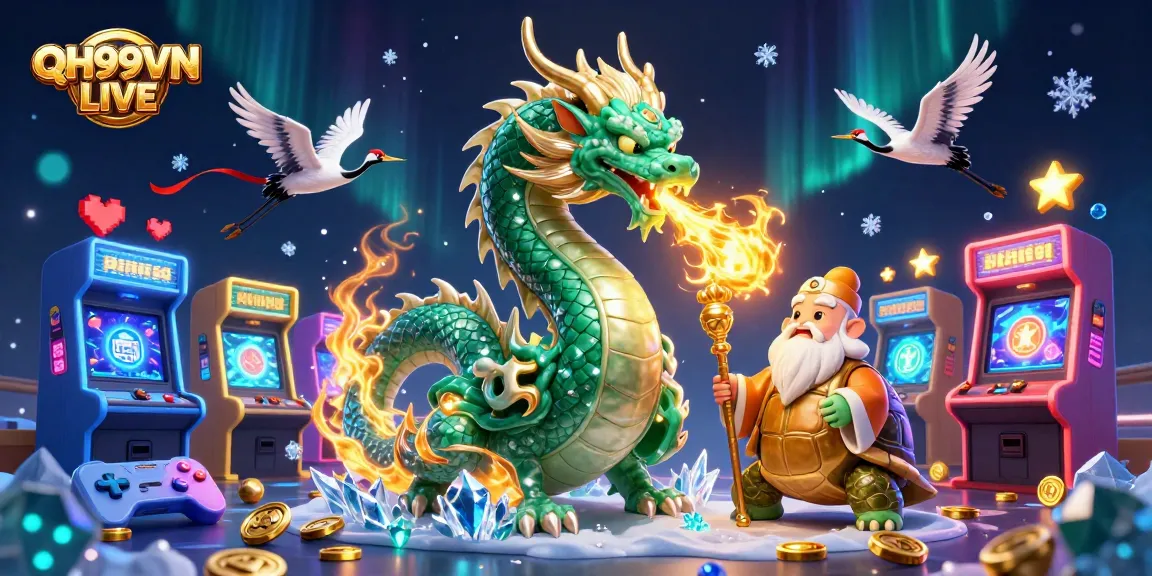 Experience thrilling gaming action at QH99VN LIVE with vibrant 3D illustrations showcasing dragon and lucky symbols.