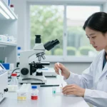 Scientist preparing peptide samples in a sterile lab setting, showcasing precision and innovation.