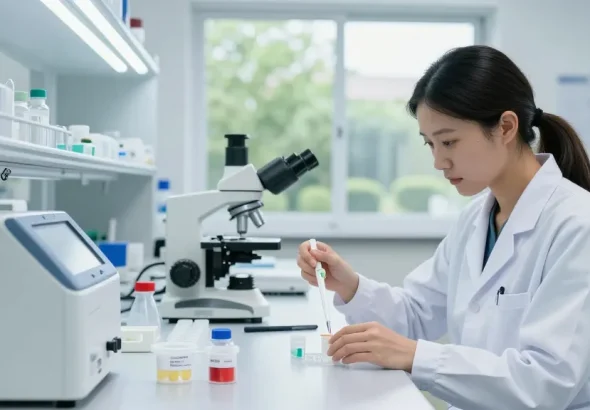 Scientist preparing peptide samples in a sterile lab setting, showcasing precision and innovation.