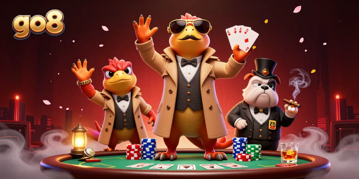 Experience the thrill of go8 as raptors in disguise sneak into a VIP casino, surrounded by poker elements.