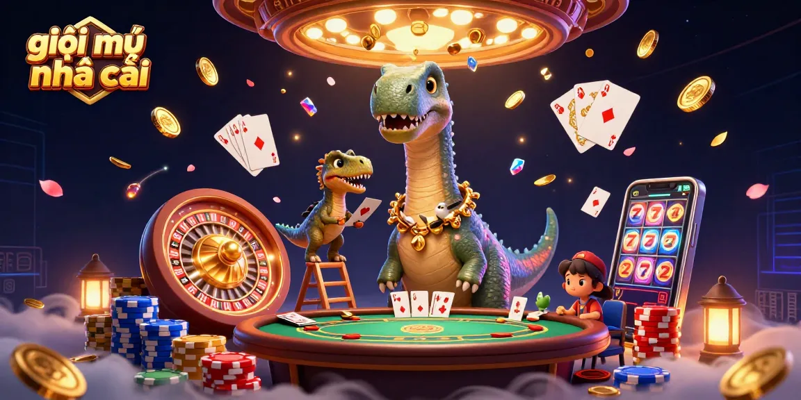 Engage with giải mã nhà cái in this vibrant 3D casino scene featuring a towering dinosaur and dynamic gaming elements.