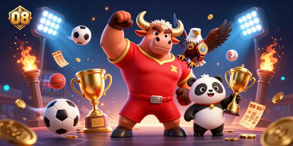 Win big with exciting games at O8, featuring vibrant characters celebrating a sports victory.