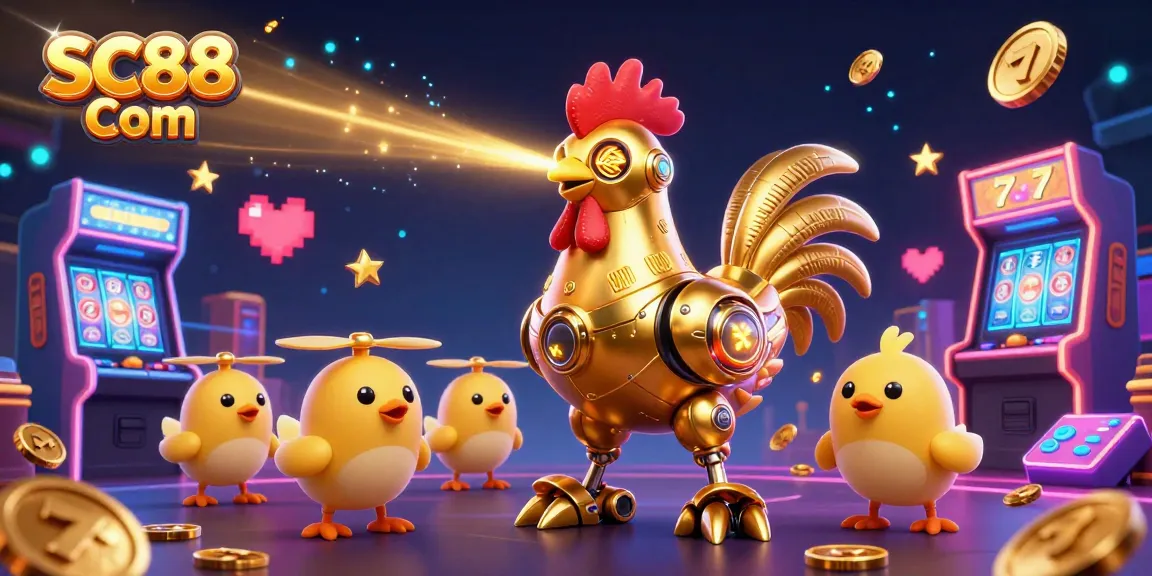 Engage with SC88 Com's vibrant casino experience featuring a golden rooster robot amidst dazzling slot machines.