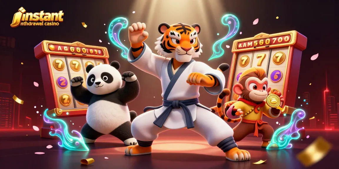 Experience instant withdrawal casino action with a kung fu master and playful panda amidst slot reels.