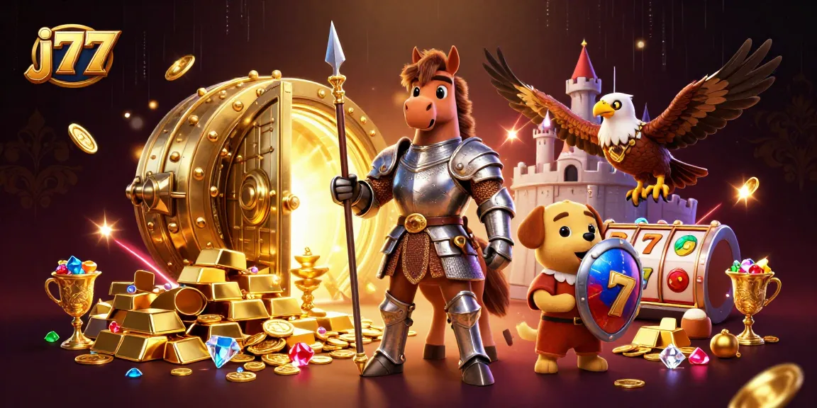 J77’s vibrant casino scene with slot reels, a knight, and treasure bursting with gold and gems.