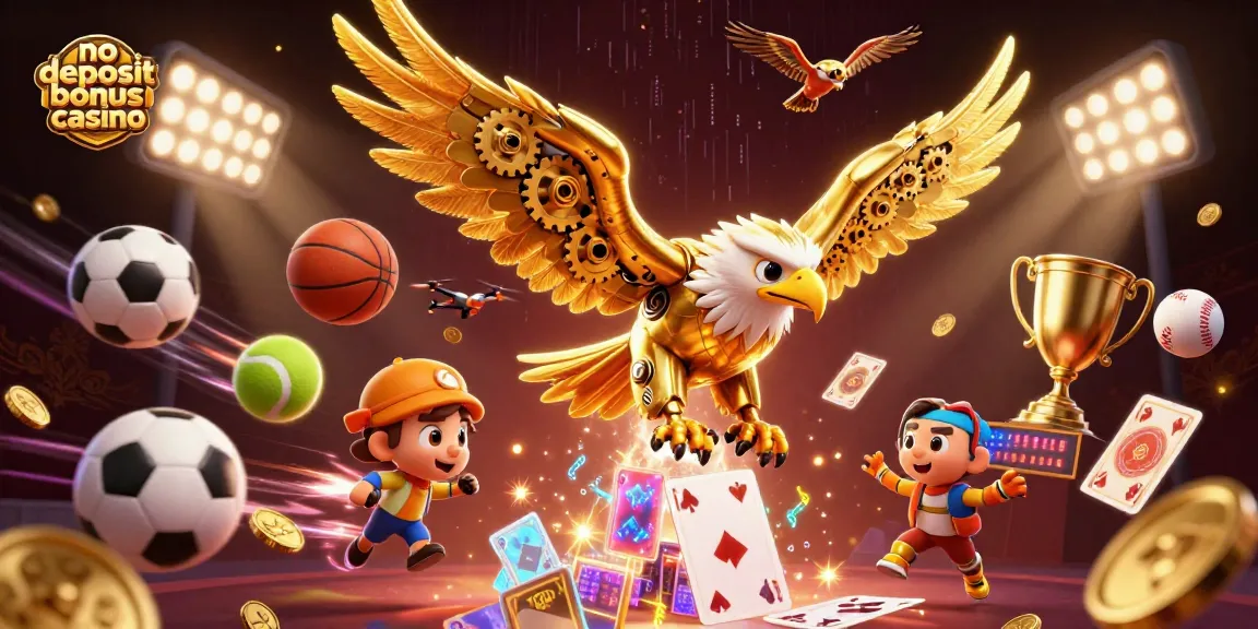 Experience the thrill at no deposit bonus casino with a 3D diving golden eagle amidst holographic cards and buzzing sports elements.