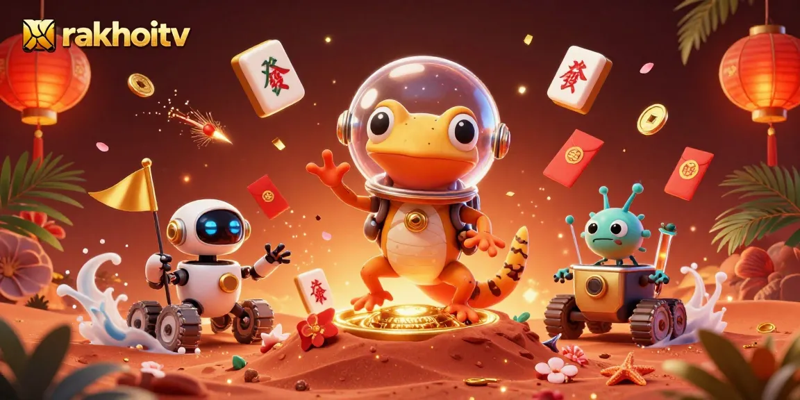 Celebrate wins at rakhoitv with a vibrant 3D illustration of a Martian gecko discovering a golden casino.