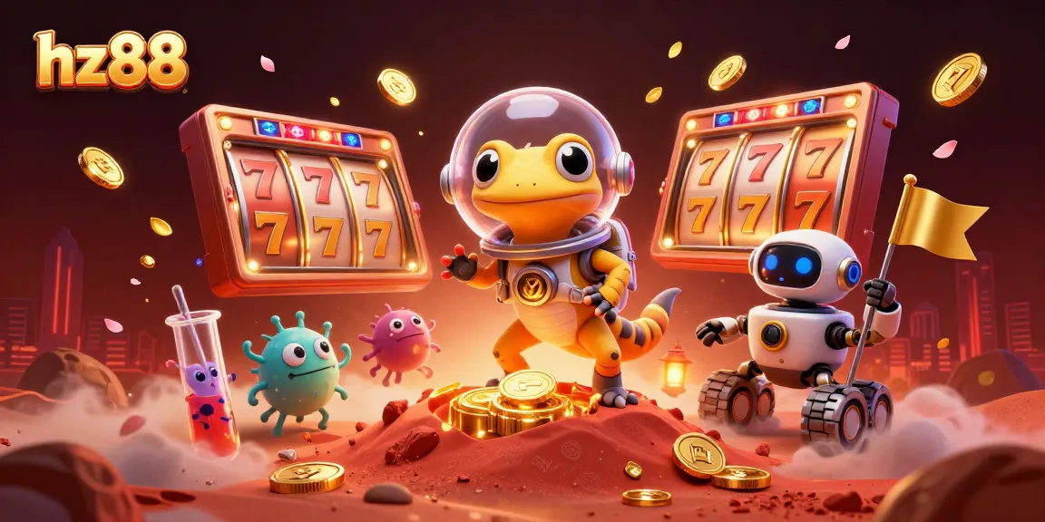 Experience hz88 with a Martian gecko discovering a golden casino amid vibrant slot reels and action-packed details