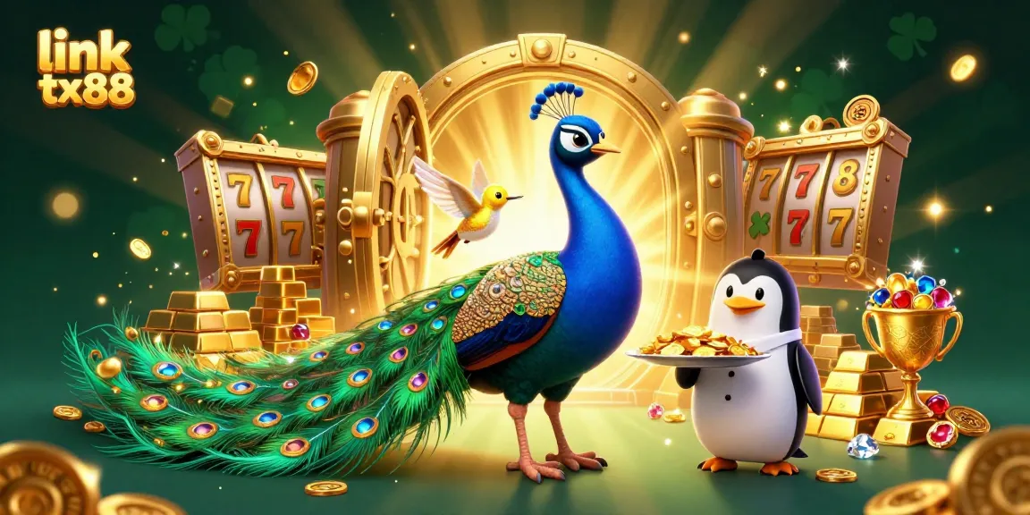 Experience link tx88's dazzling casino world with vibrant peacock, butler penguin, and golden treasures.
