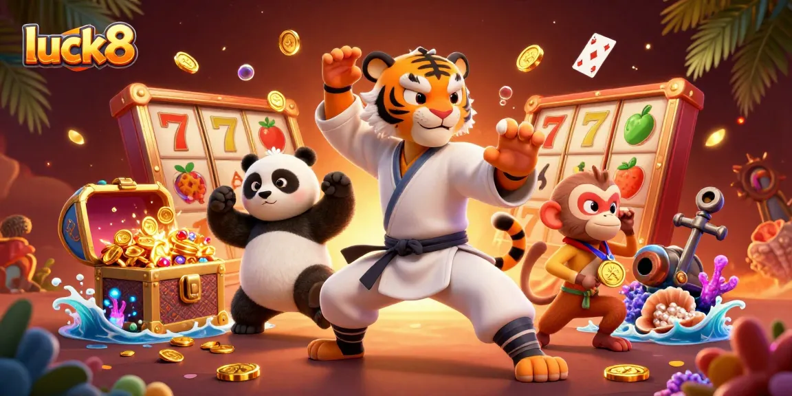 luck8 showcases a vibrant casino scene featuring a kung fu tiger master, panda disciple, and monkey student interacting among slot reels and gold coins.