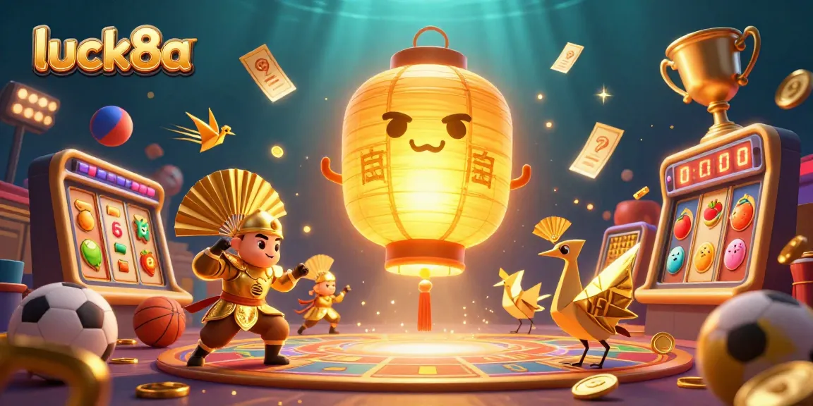 luck8a showcases a vibrant golden lantern spirit in an engaging cartoon casino scene.
