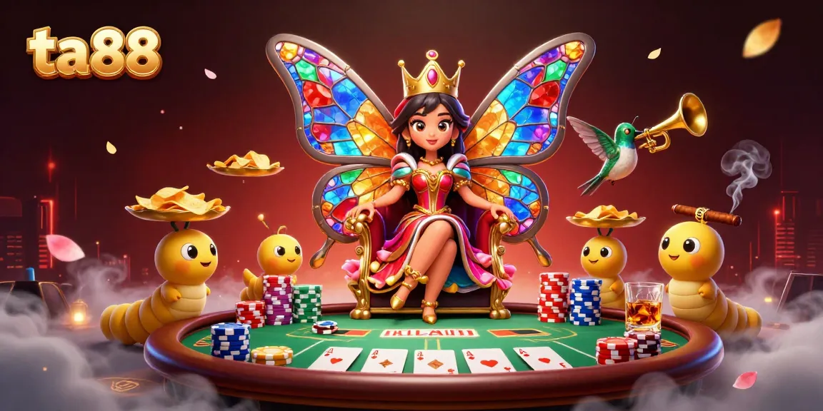 Engage in the thrill of ta 88 with a whimsical butterfly queen ruling over a vibrant poker scene.