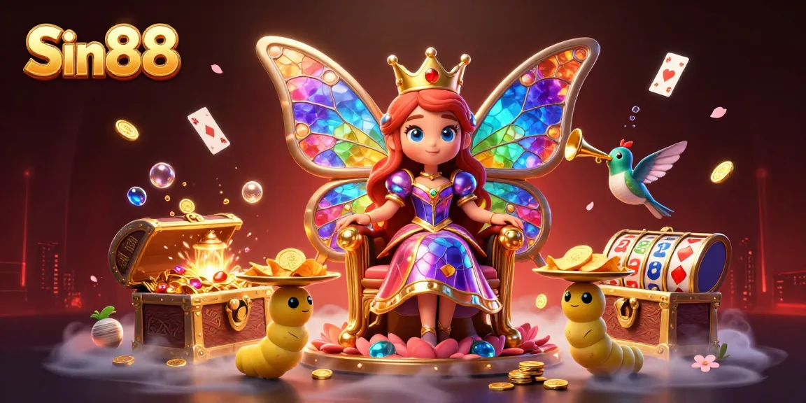Engage in thrilling gameplay at Sin88 with a vibrant casino scene showcasing a butterfly queen and treasure.