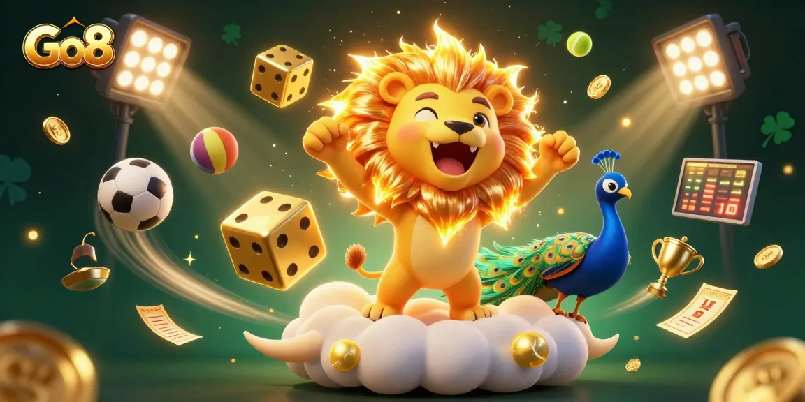 Engage with Go8's vibrant casino scene featuring dynamic sports elements and a golden lion mascot.