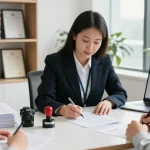 Notary public in Brampton assisting clients with document notarization in a professional office.