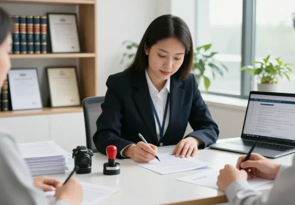 Notary public in Brampton assisting clients with document notarization in a professional office.