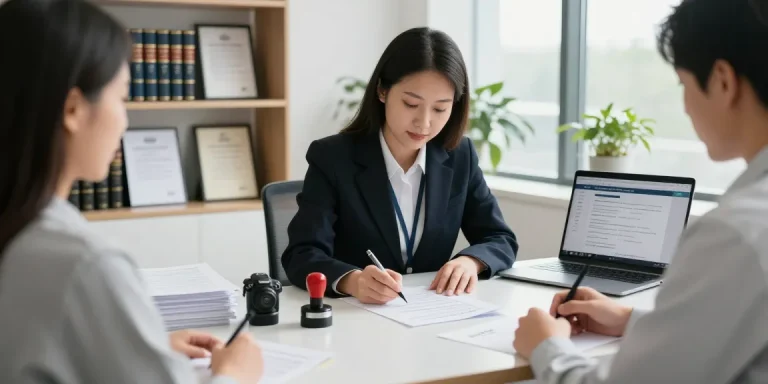 Notary public in Brampton assisting clients with document notarization in a professional office.