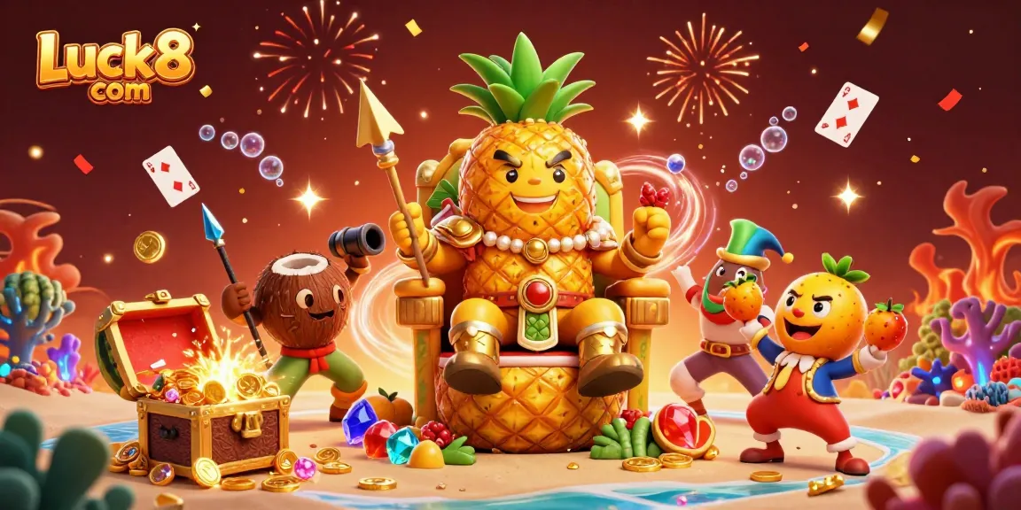 Experience the excitement of Luck8 com with casino-themed 3D art, featuring a golden pineapple king and vibrant elements.